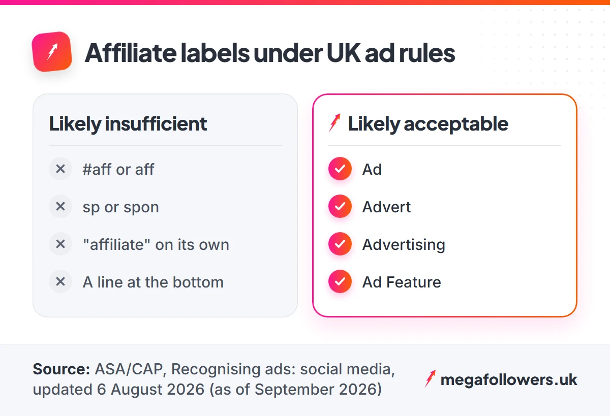 UK ASA guidance on affiliate post labels: Ad and Advert are likely acceptable, #aff and spon are likely insufficient