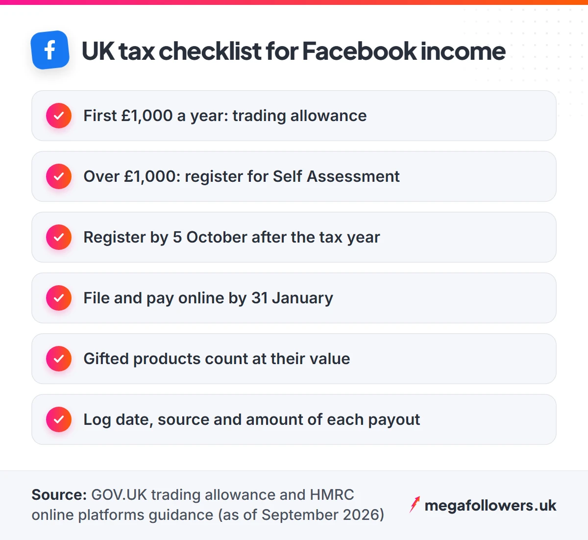 Checklist of UK tax rules for money earned on Facebook, including the £1,000 trading allowance and Self Assessment dates