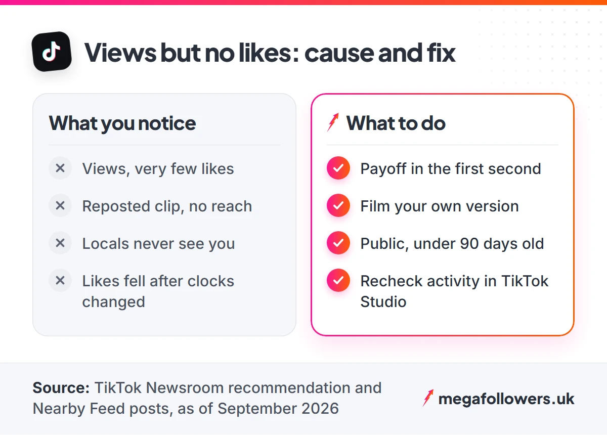 Diagnosis graphic pairing common TikTok likes problems with fixes, such as moving the payoff into the first second