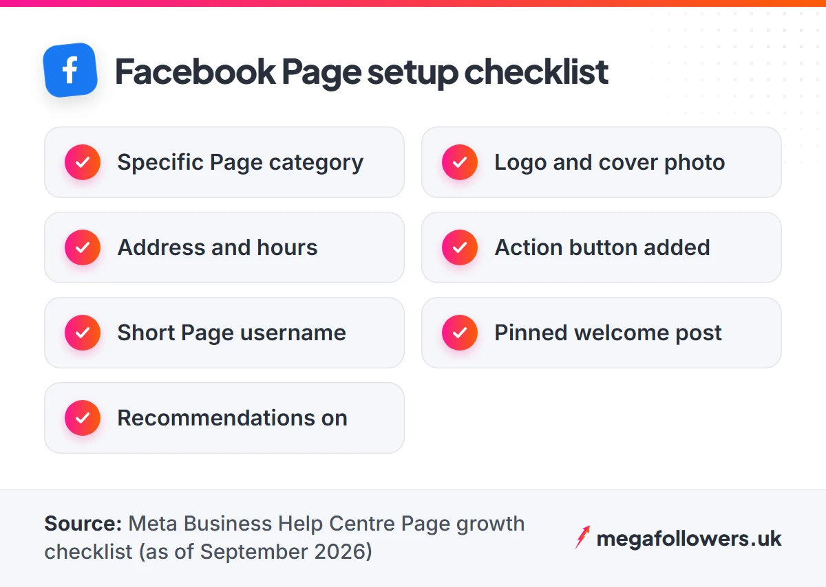 Checklist to set up a Facebook business Page for more followers: category, logo and cover, hours, action button, username, pinned post, recommendations