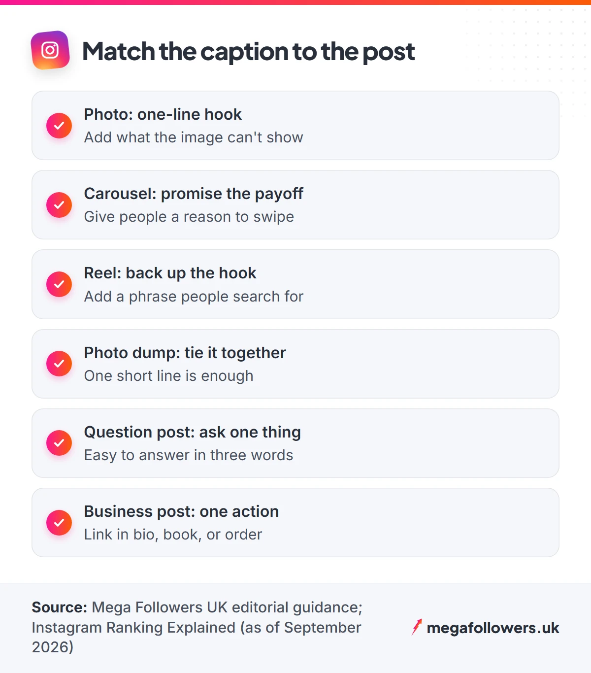 Checklist matching Instagram captions to post types: photo, carousel, Reel, photo dump, question and business posts