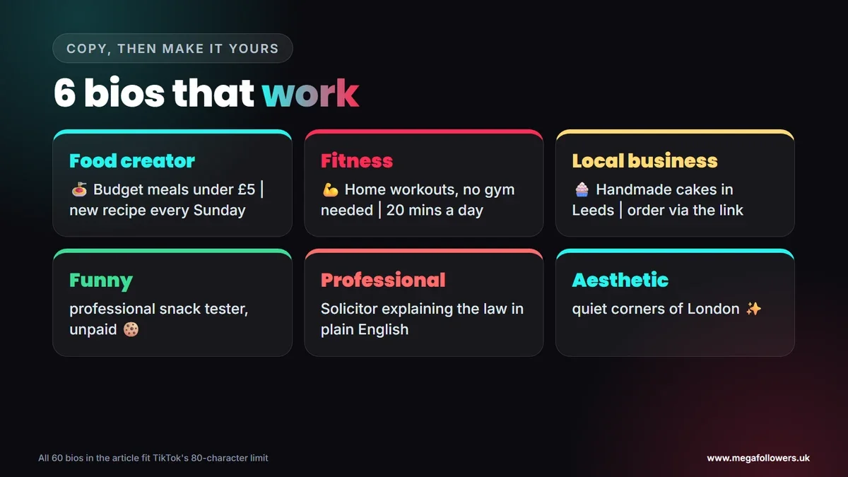Six example TikTok bios for food, fitness, a local business, funny, professional and aesthetic accounts