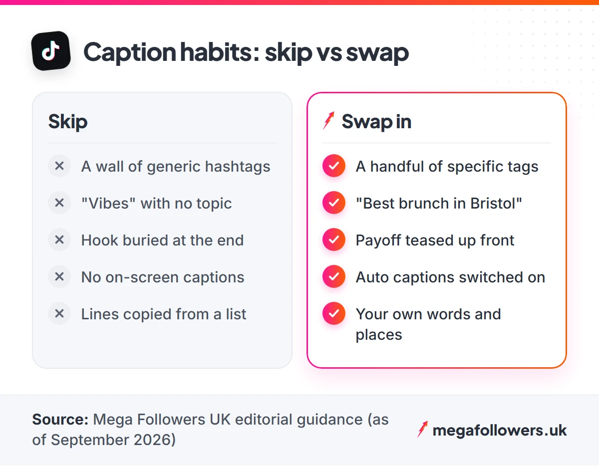 Comparison of TikTok caption mistakes to skip and better habits to use instead