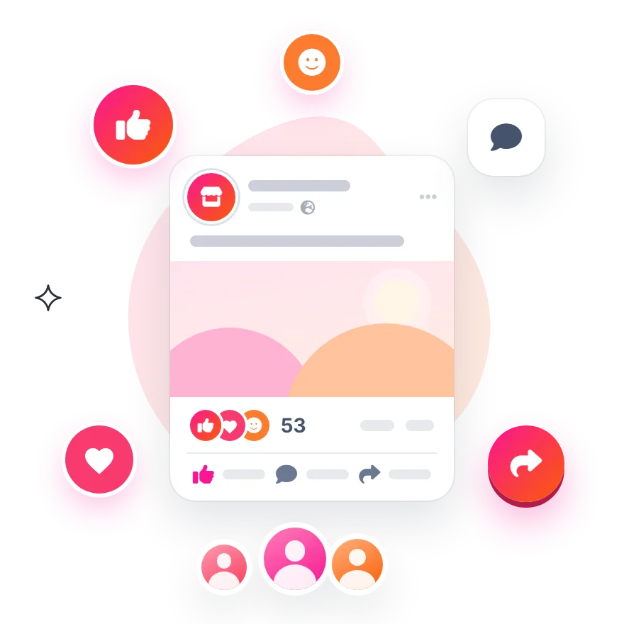 A post surrounded by a like, a heart, a smiley, a comment bubble and a share arrow, reaching a new group of people