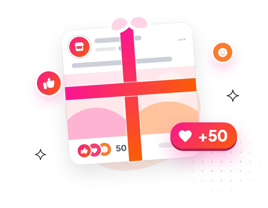 A Facebook-style post wrapped in a gift ribbon with a +50 likes badge, showing 50 free likes that come with every order