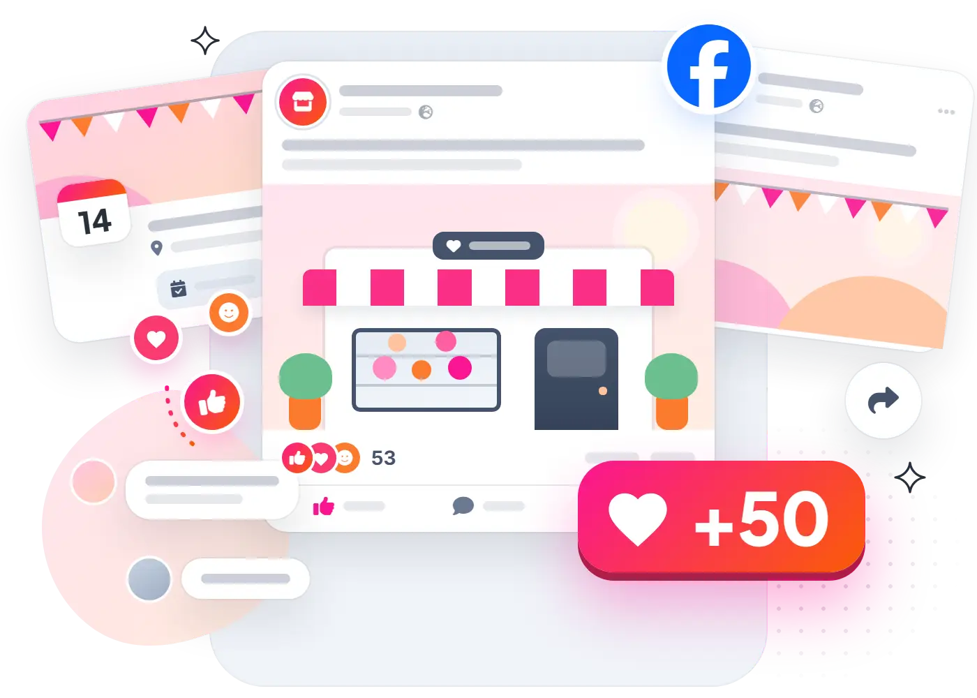 A news feed post from a local shop with a striped awning, a Facebook logo badge, a reactions row and a +50 likes badge, with comments beside it and an event card behind