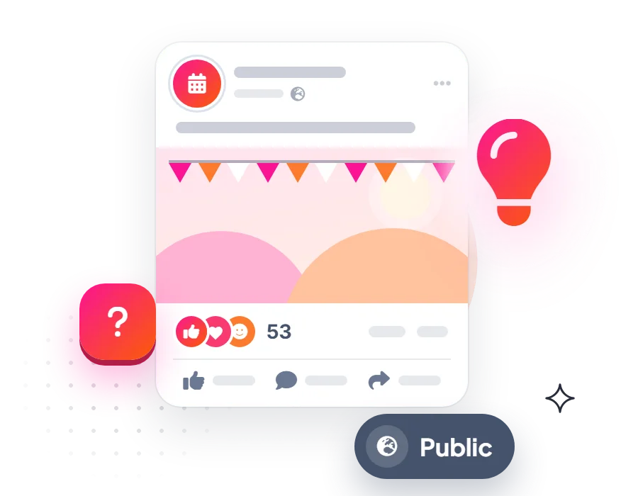 An event post set to Public, with a question mark and a lightbulb for posting tips
