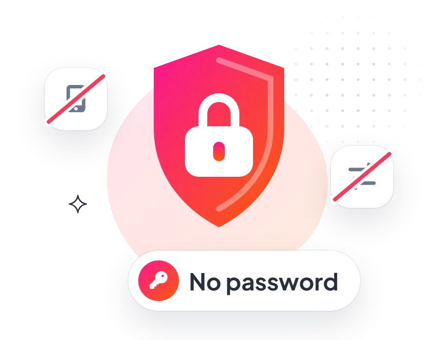 A shield with a padlock and a No password label, with a crossed-out phone app and a crossed-out like exchange