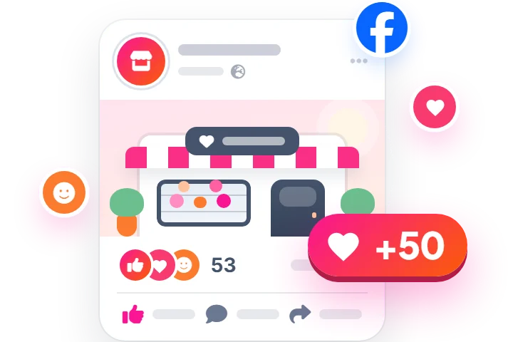 A shop post with a Facebook logo and a +50 likes badge landing on its reactions row
