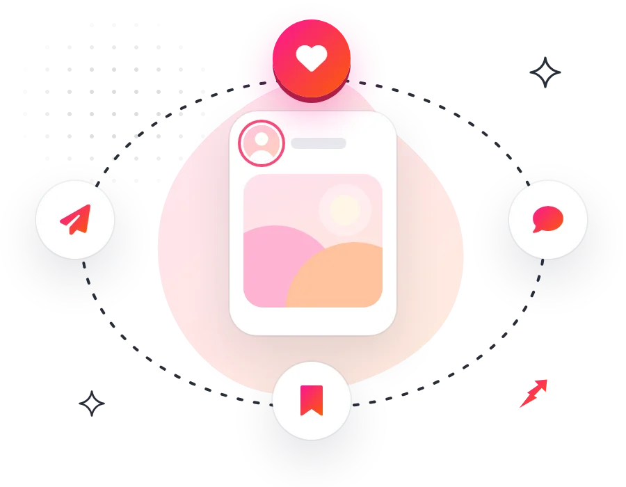 Like, comment, save and share icons orbiting an Instagram post