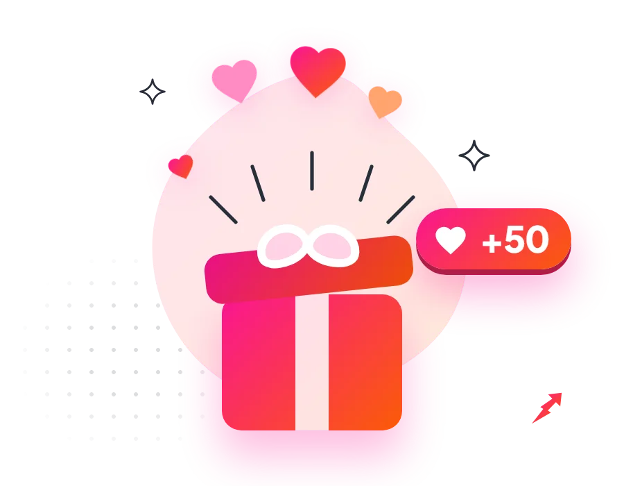 A gift box bursting with hearts and a +50 badge, showing 50 free likes that come with every order