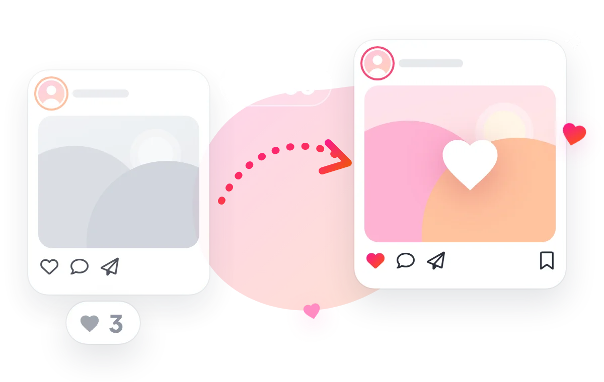 Two Instagram posts side by side: the first stuck on 3 likes, the second with a +50 likes boost