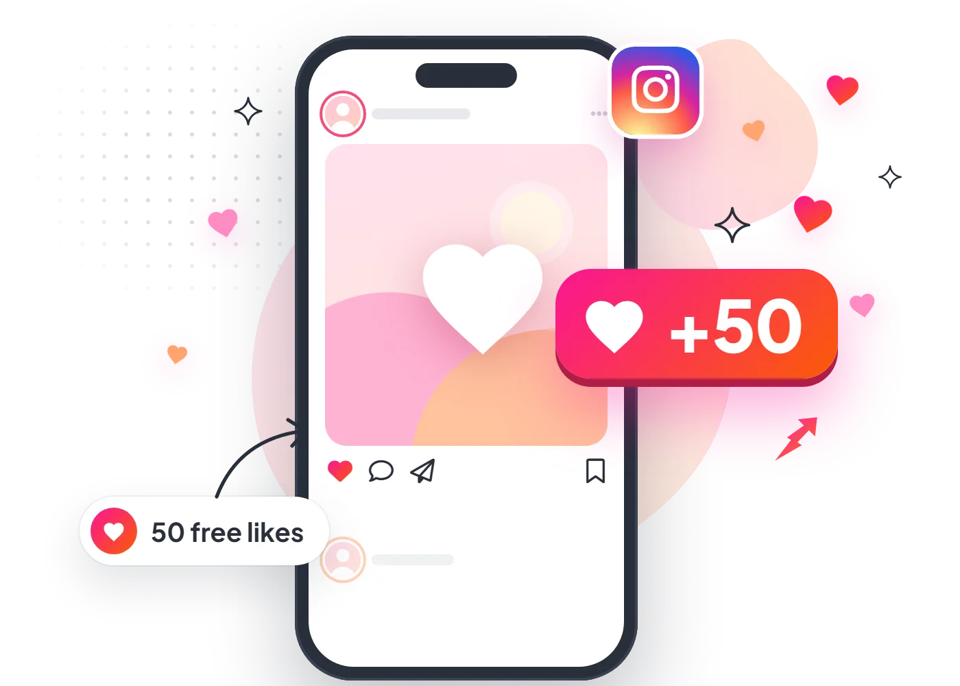A phone showing an Instagram post with the Instagram logo, a big heart, a +50 likes badge and a 50 free likes label, surrounded by floating hearts