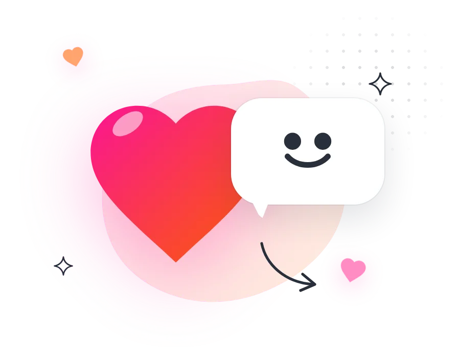 A thank-you heart next to a smiling chat bubble
