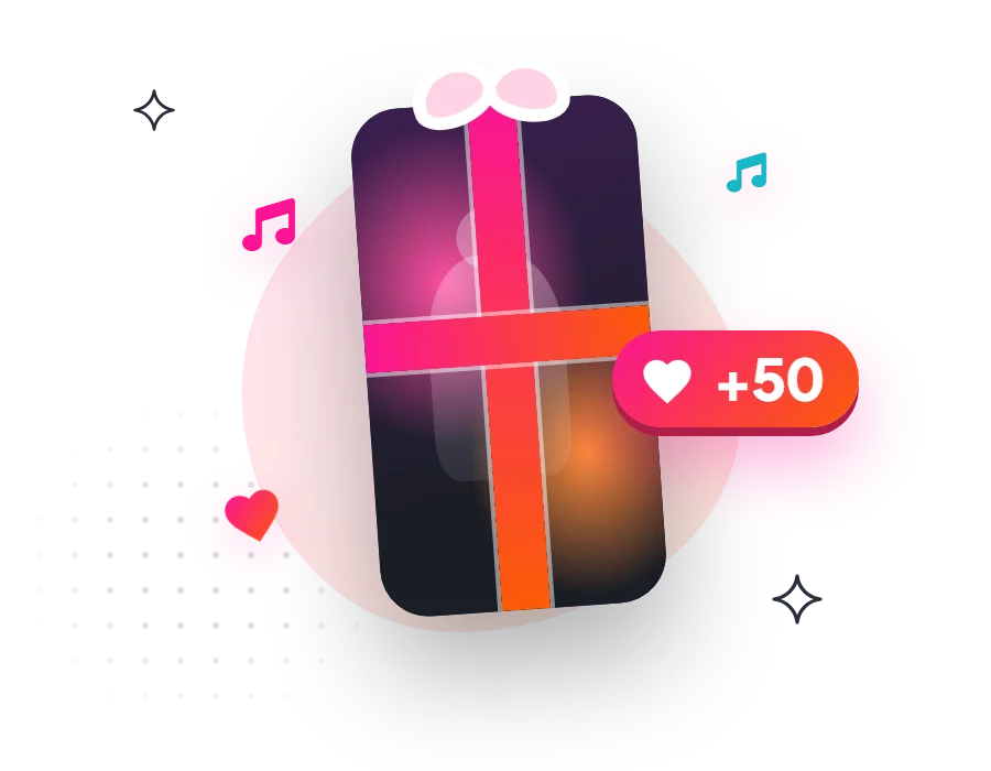 A vertical video wrapped with a gift ribbon and a +50 likes heart, showing 50 free likes that come with every order