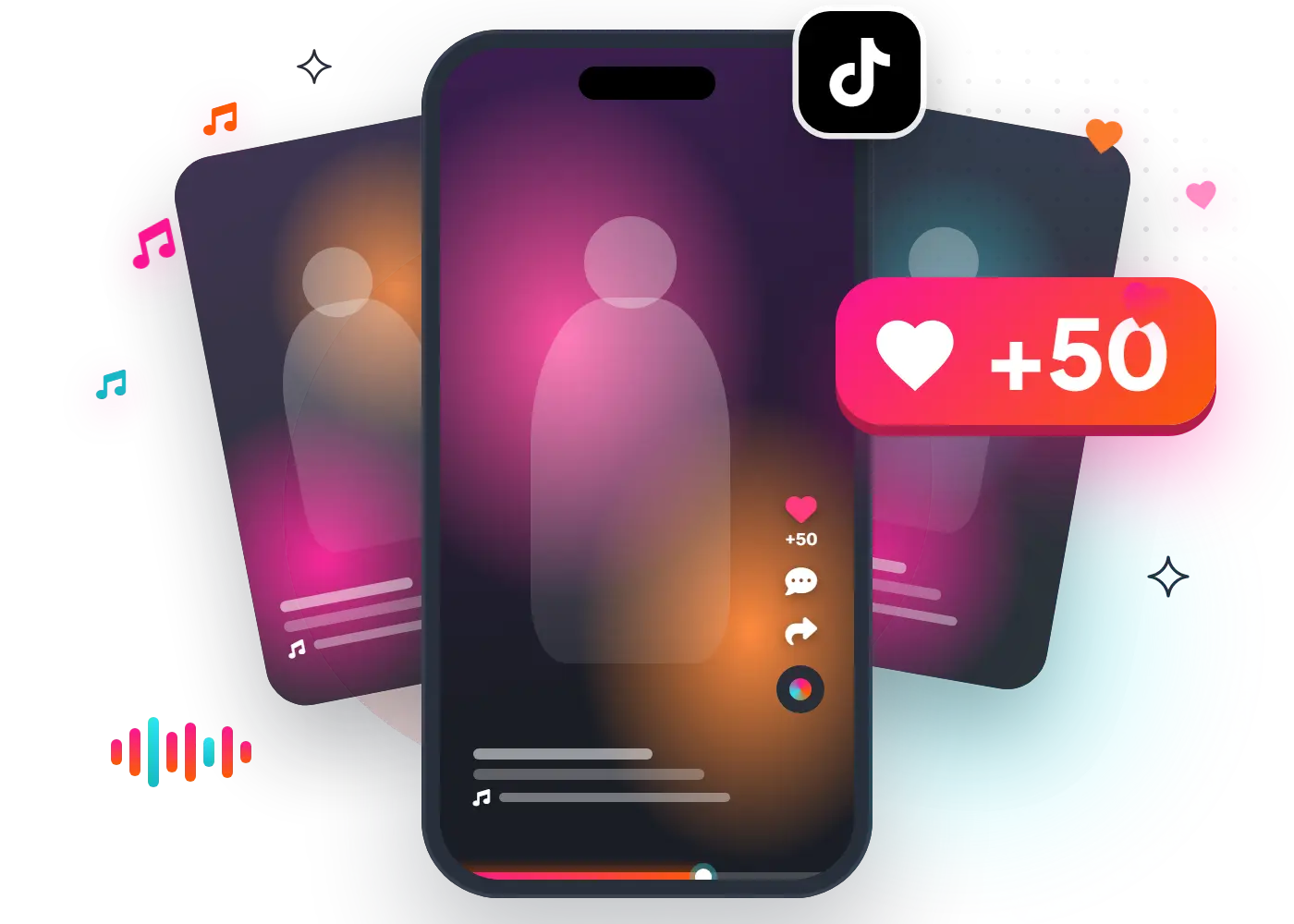 A phone playing a vertical TikTok video with the TikTok logo, a +50 likes heart on its side rail, a For You feed of videos stacked behind and music notes floating up