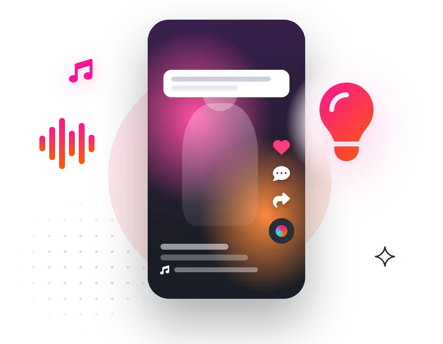 A video with on-screen text, a trending sound wave and a lightbulb for posting tips