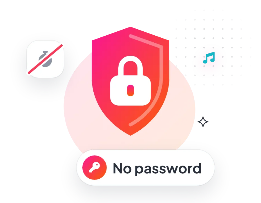 A shield with a padlock, a No password label and a crossed-out stopwatch for no timers