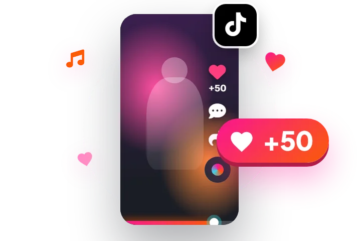 A vertical TikTok video with the TikTok logo and +50 likes landing on its heart button