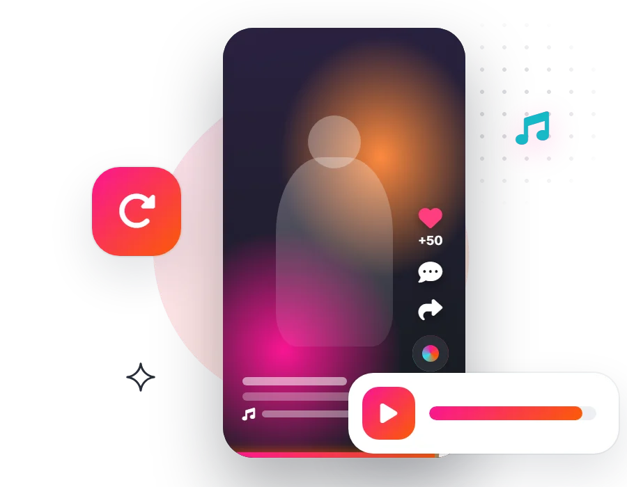 A vertical video watched almost to the end, with a nearly full progress bar, a replay icon and a heart