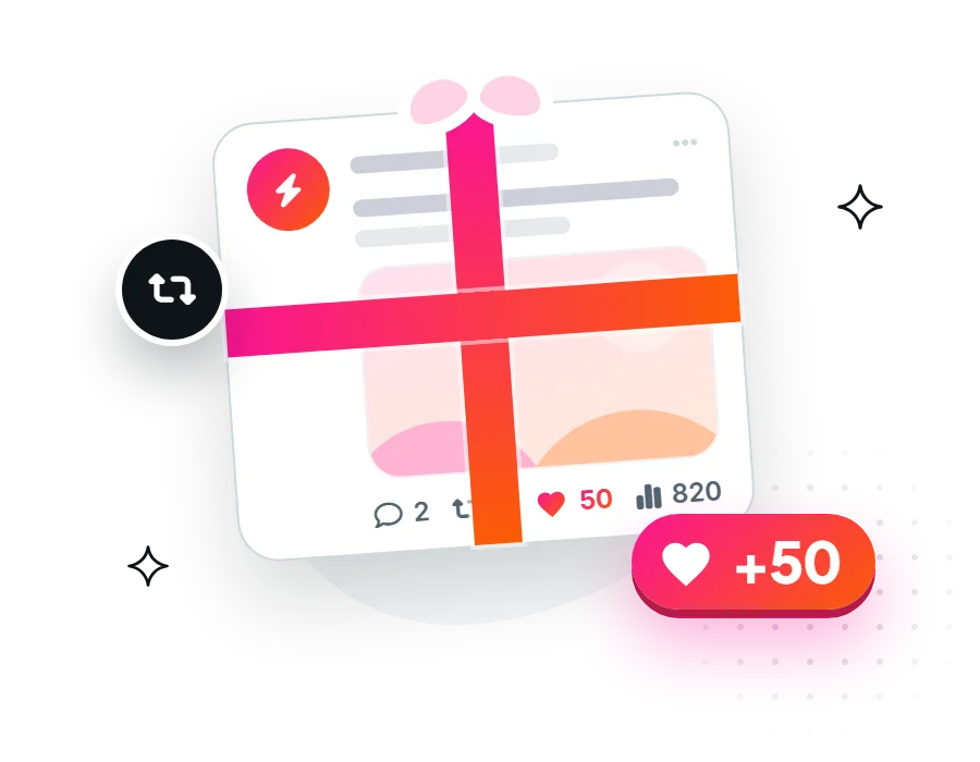 A post wrapped in a gift ribbon with a +50 likes badge, showing 50 free likes that come with every order