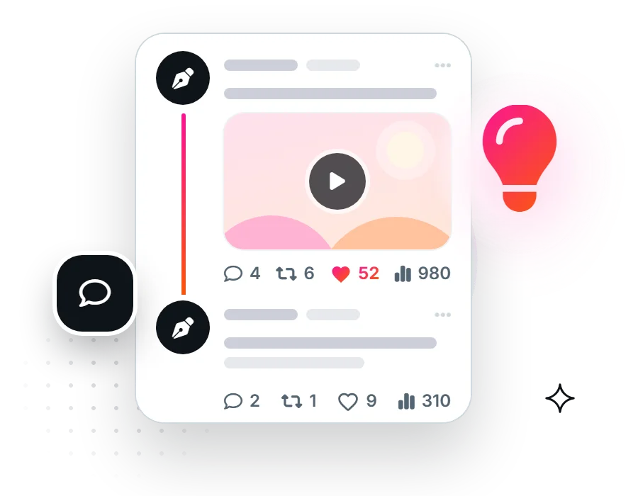 A two-post thread with a video, a reply bubble and a lightbulb for posting tips