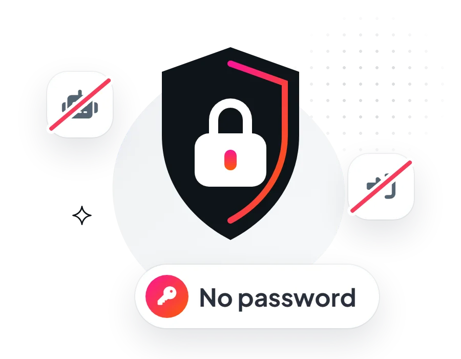 A shield with a padlock and a No password label, with a crossed-out robot and a crossed-out sign-in icon