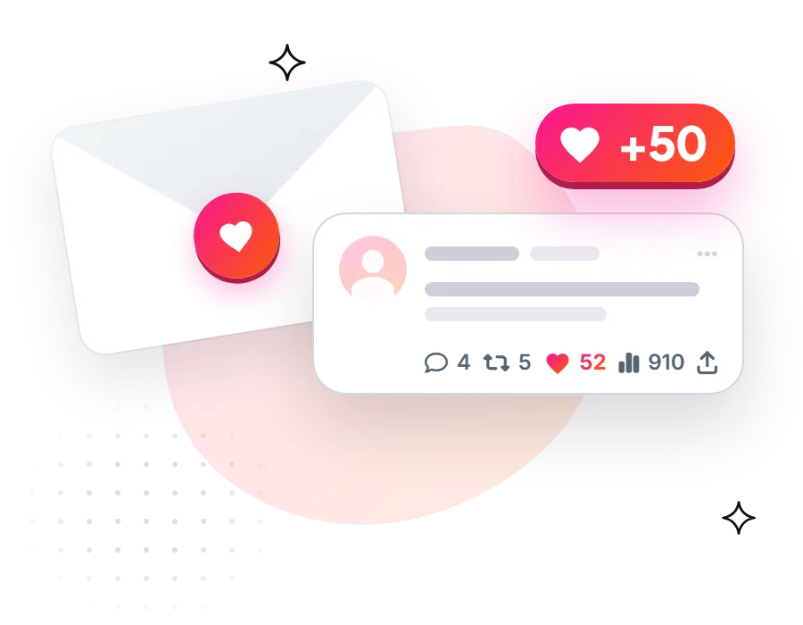 An envelope with a heart seal next to a liked post and a +50 likes badge